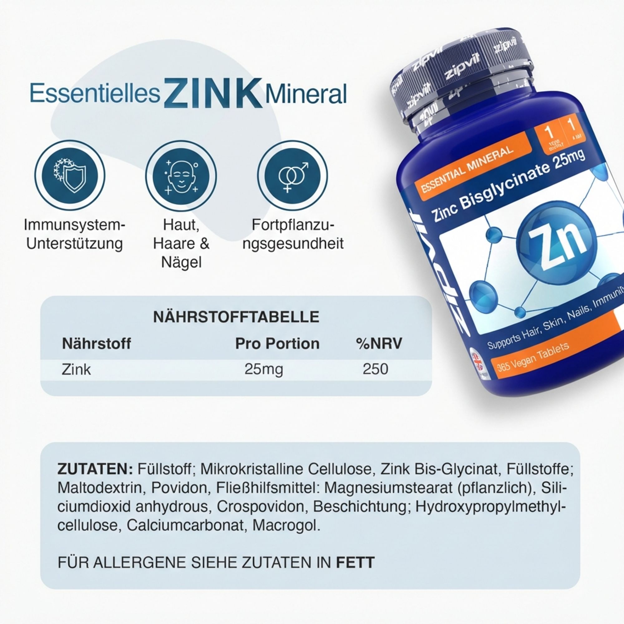 Blaue Flasche mit Zink Bisglycinat Tabletten. Enthält Informationen zu Inhaltsstoffen und Nährwertangaben.
