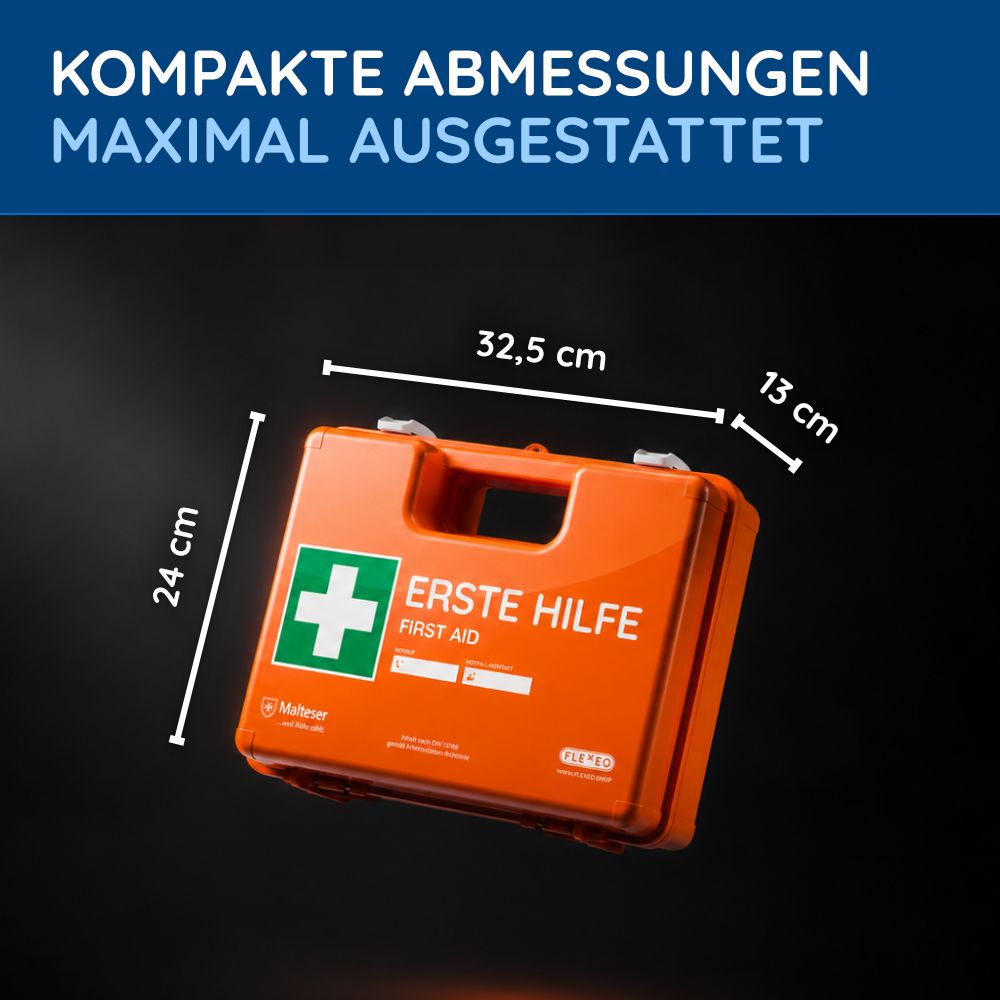 Orange Erste-Hilfe-Koffer mit Maßen: 24 cm Höhe, 32,5 cm Breite, 13 cm Tiefe.