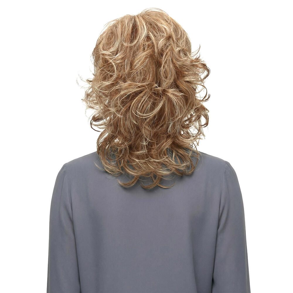 Perücke Gloria von Lofty. Blond-braune Kunsthaarperücke mit gewelltem, schulterlangem Haar. Rückansicht.