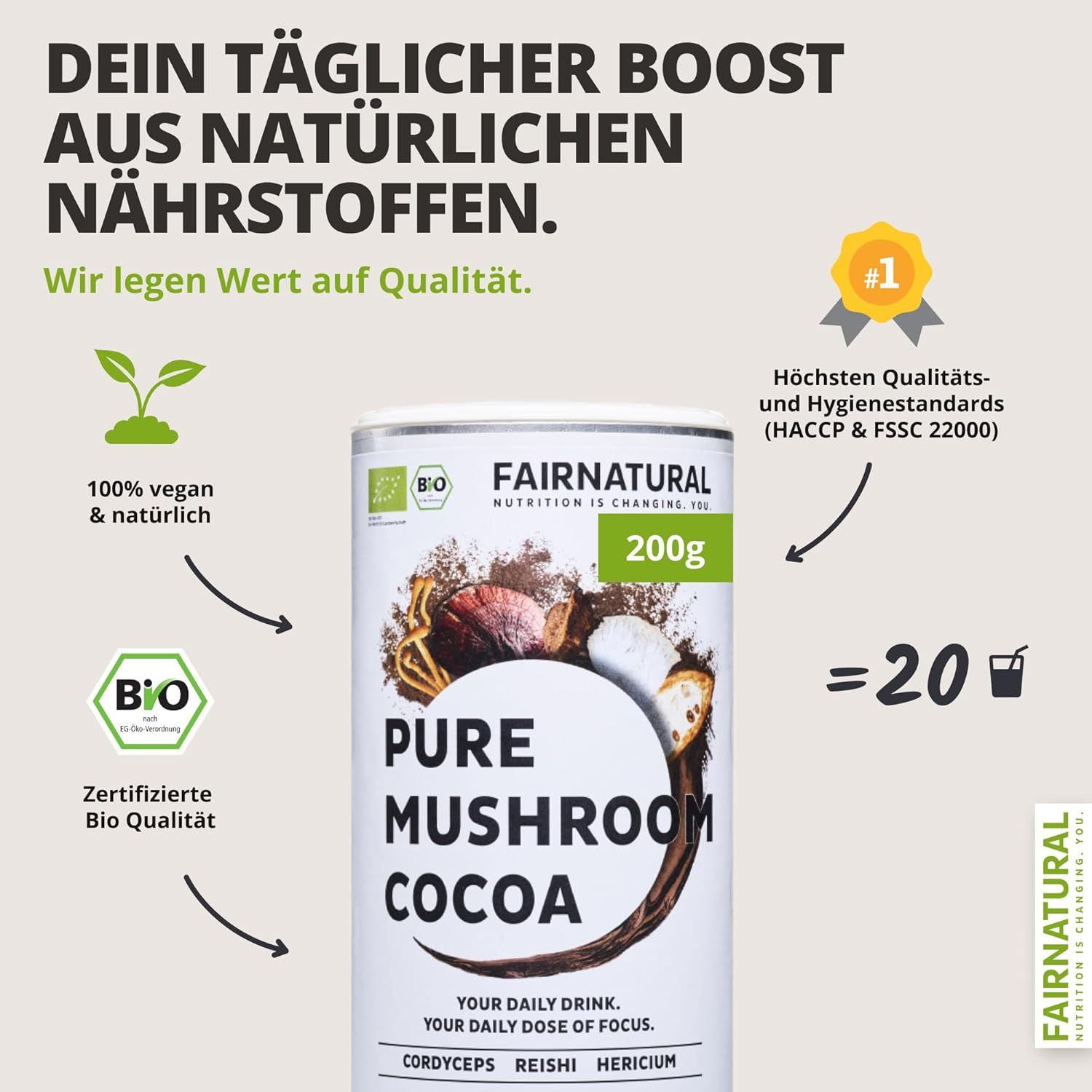 FAIRNATURAL Focus Mushroom Kakaopulver Vegan