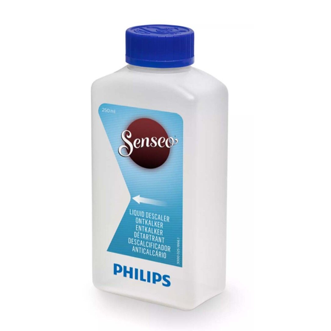Flasche mit blauem Deckel. Aufkleber mit Senseo-Logo, Produktbezeichnung und Philips-Logo.