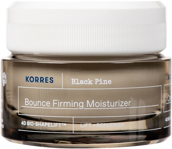 Glasbehälter mit weißem Deckel. Aufschrift: KORRES, Black Pine, Bounce Firming Moisturizer. 4D BIO-SHAPELIFT.