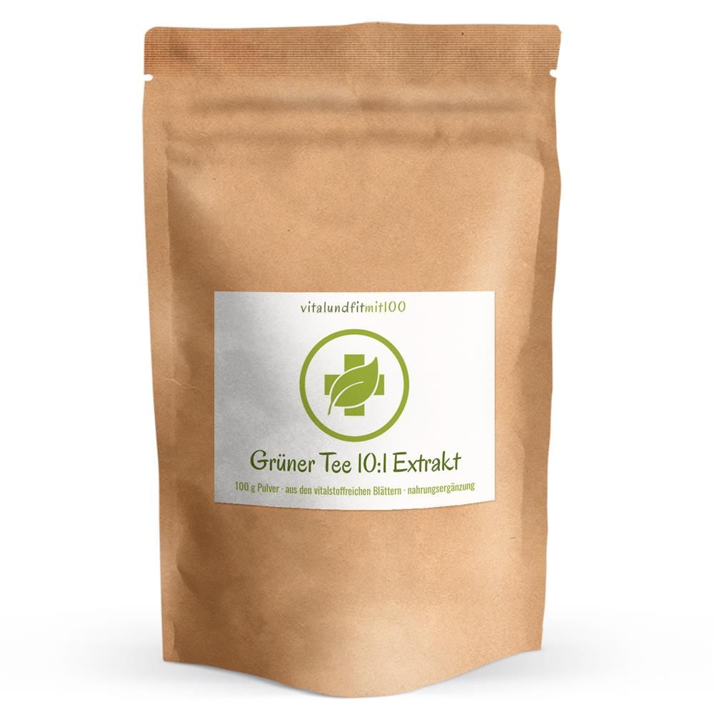 Braune Papiertüte mit weißem Etikett. Aufschrift: Grüner Tee 10:1 Extrakt. Das Produkt ist in der Tüte verpackt.