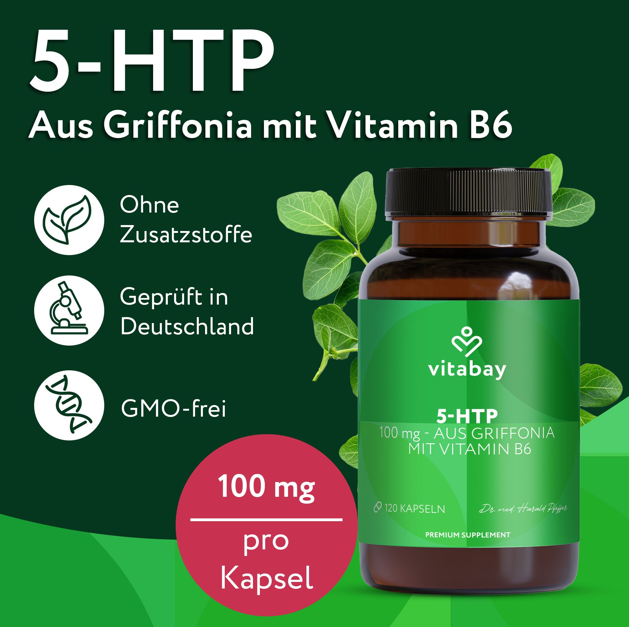 Braune Flasche mit Kapseln. Text: 5-HTP, aus Griffonia mit Vitamin B6. Ohne Zusatzstoffe, geprüft in Deutschland, GMO-frei. 100 mg pro Kapsel.