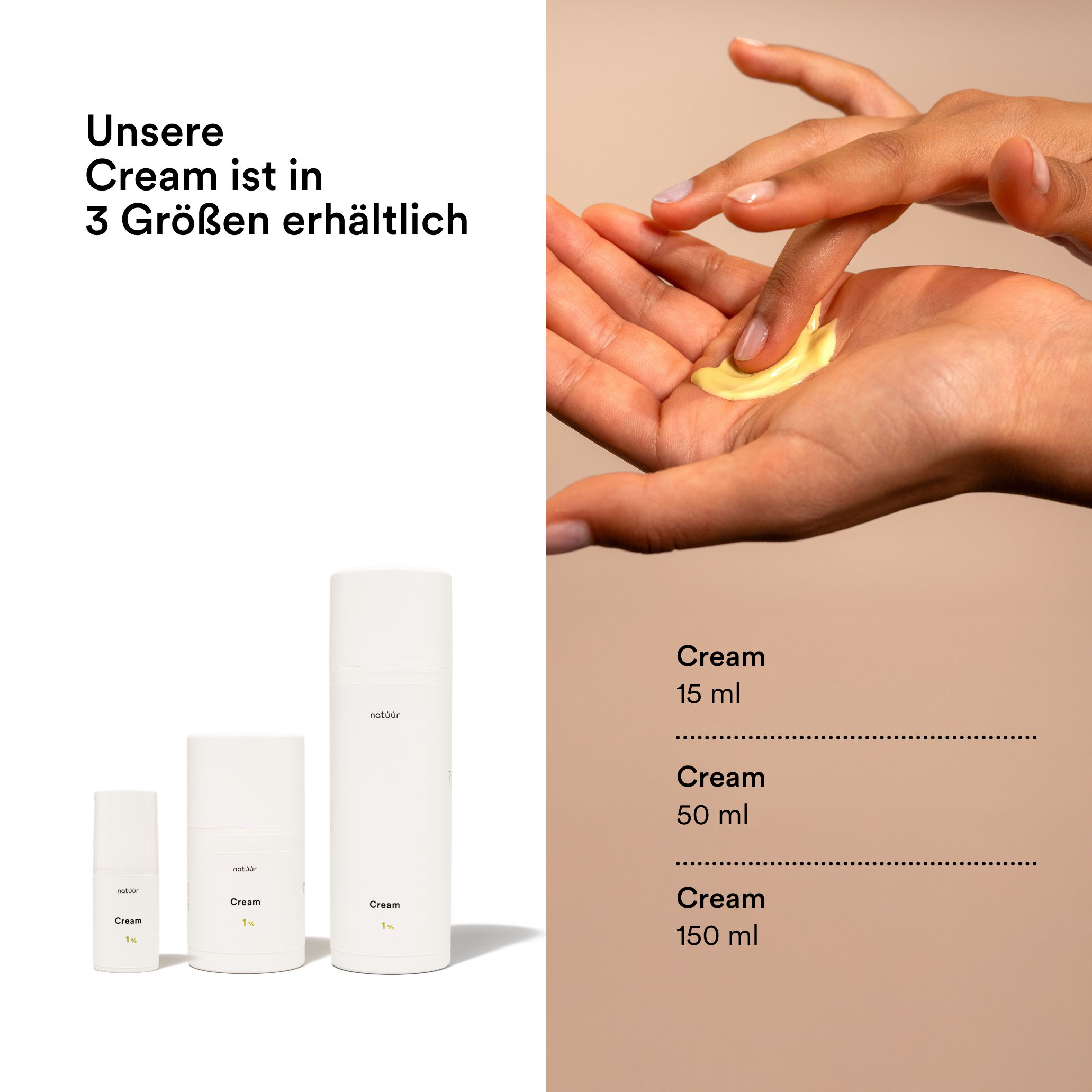Drei weiße Cremetuben unterschiedlicher Größe. Gelbe Creme wird auf eine Hand aufgetragen.