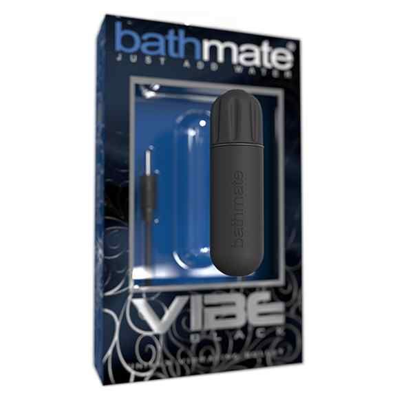 Vibrator in Verpackung. Schwarzer Vibrator mit "bathmate" Schriftzug. "Vibe Black" auf der Verpackung.