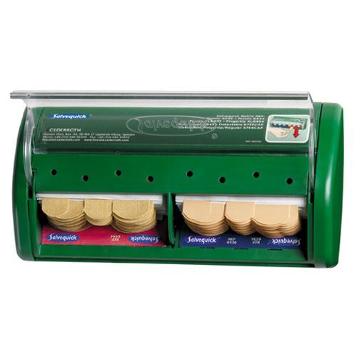 Grüner Pflasterspender mit transparentem Deckel. Enthält Pflasterstrips. Marke: Salvequick.