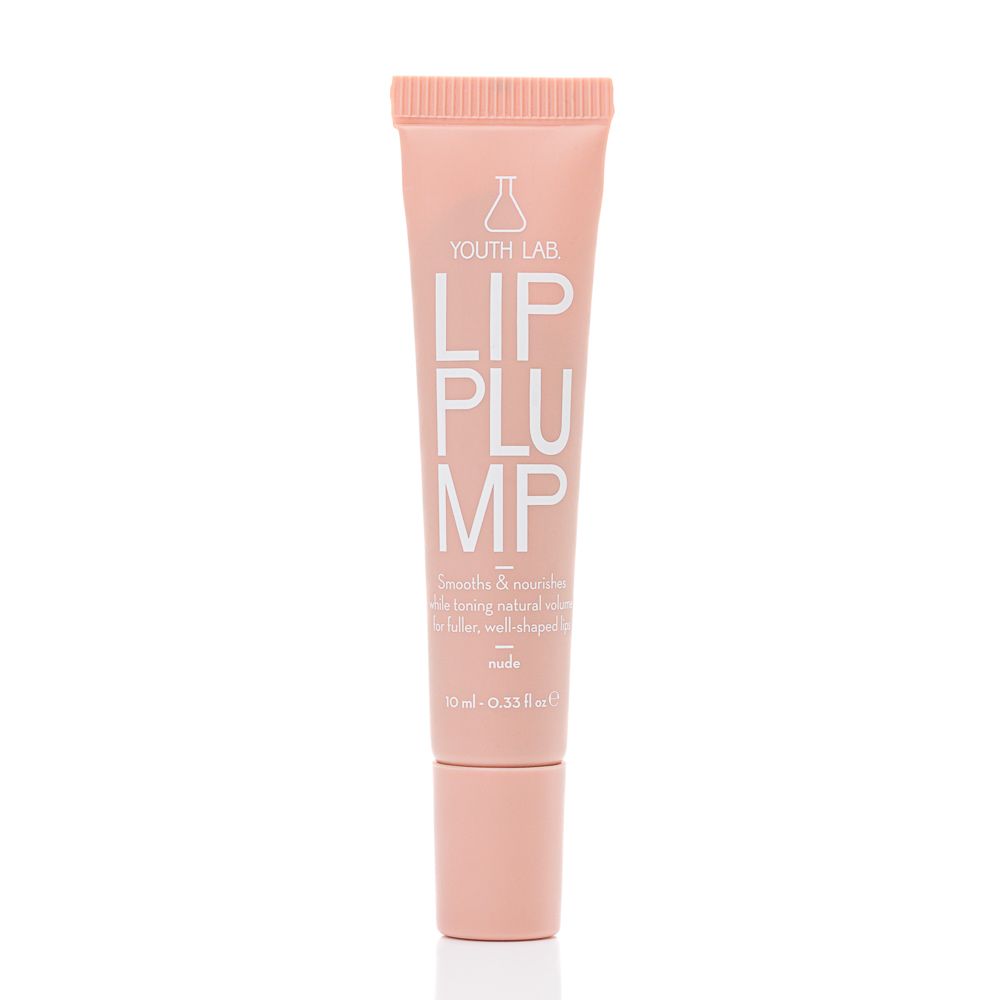 Rosa Tube mit weißem Schriftzug LIP PLUMP und YOUTH LAB Logo. Produktname: Nude. Volumen: 10 ml.