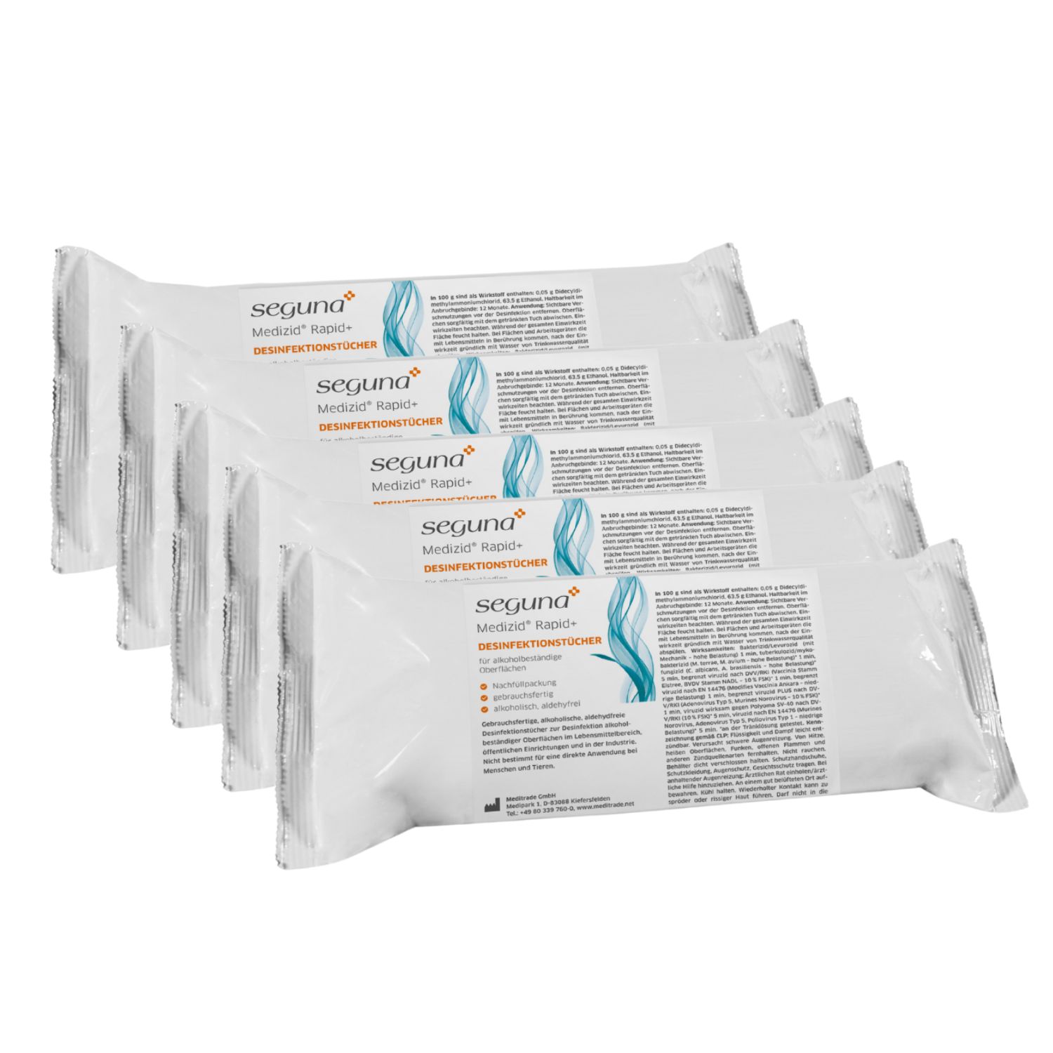 Fünf einzeln verpackte Desinfektionstücher. Aufdruck: Seguna Medizid Rapid+ Desinfektionstücher.
