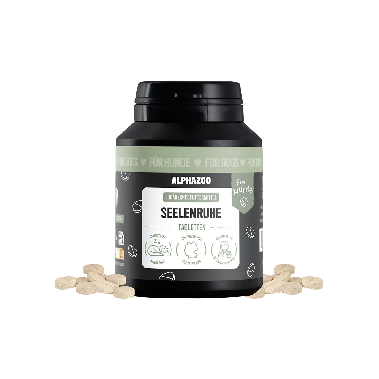Schwarze Dose mit Tabletten. Text: ALPHAzoo, Seelenruhe Tabletten. Ergänzungsfuttermittel für Hunde. Tabletten liegen verstreut.