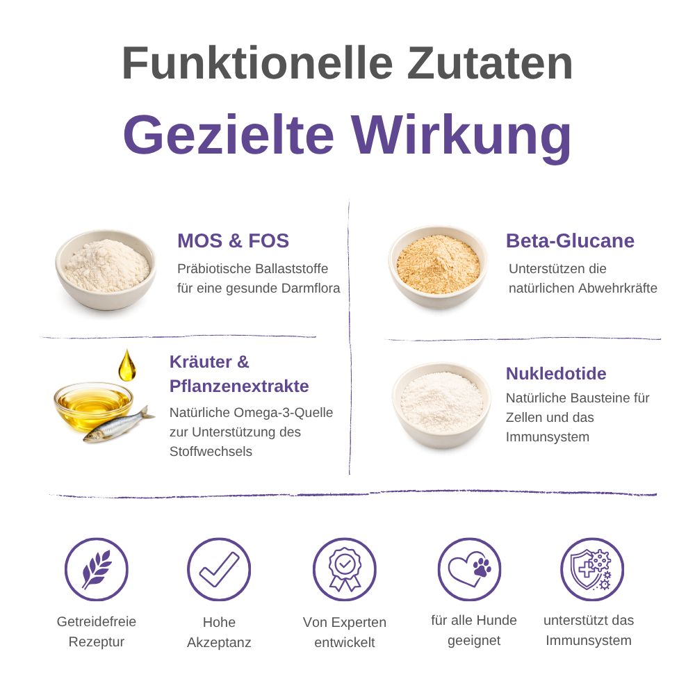 Funktionelle Zutaten für Hundesnacks: MOS & FOS, Beta-Glucane, Kräuter, Nukleotide. Mit Symbolen für Darmflora, Abwehrkräfte.