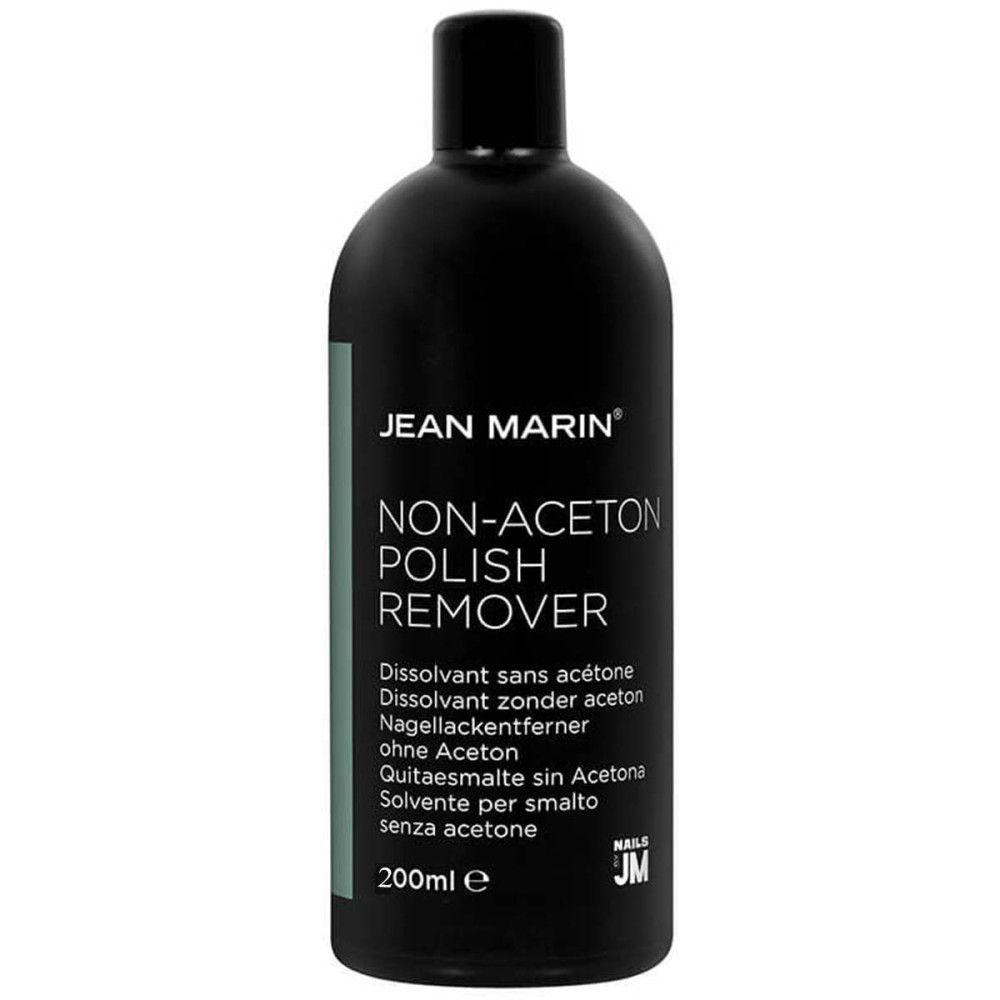 Schwarze Flasche mit Aufschrift "JEAN MARIN NON-ACETON POLISH REMOVER". Mehrsprachige Produktinformationen. 200ml.