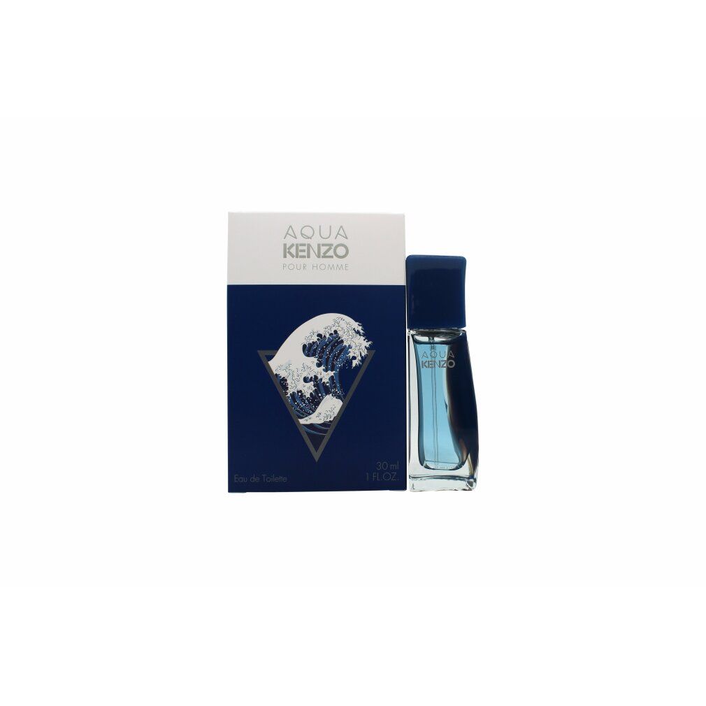 Aqua Kenzo pour Homme, Eau de Toilette und Flasche. Blaue Flasche und Verpackung. Wellenmotiv. 30 ml, 1 FL.OZ.