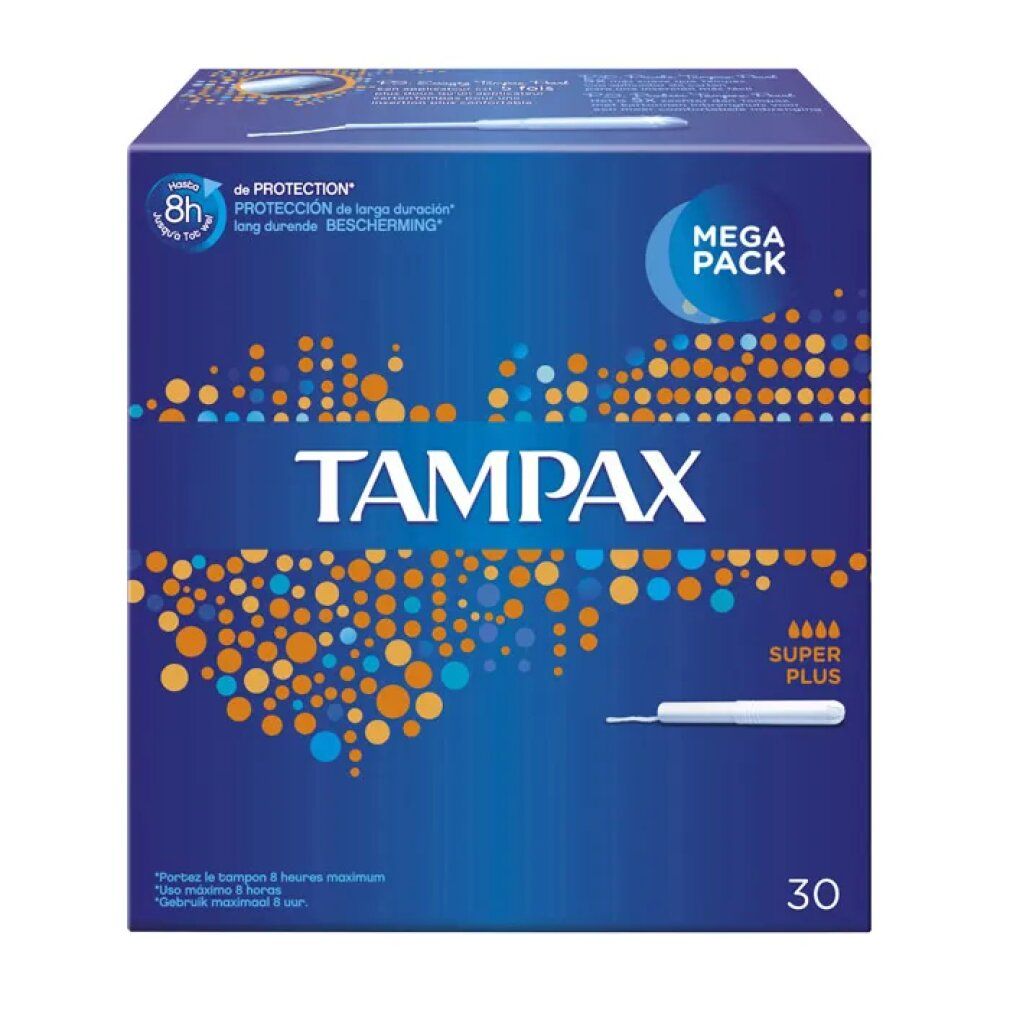 Blauwe doos met TAMPAX Super Plus tampons. Mega Pack. 30 stuks. 8 uur bescherming.