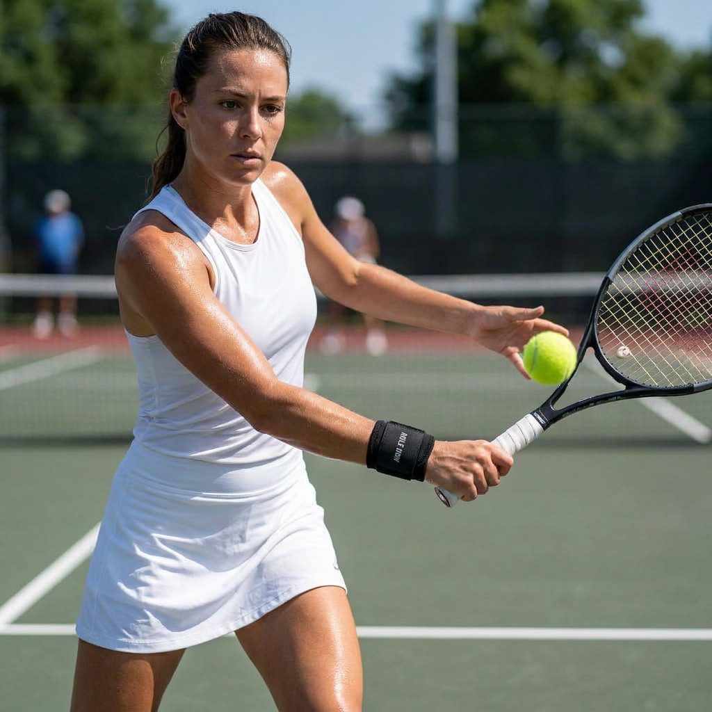 Tennisspielerin in weißem Outfit mit schwarzer Handgelenkbandage, hält einen gelben Ball und Tennisschläger.