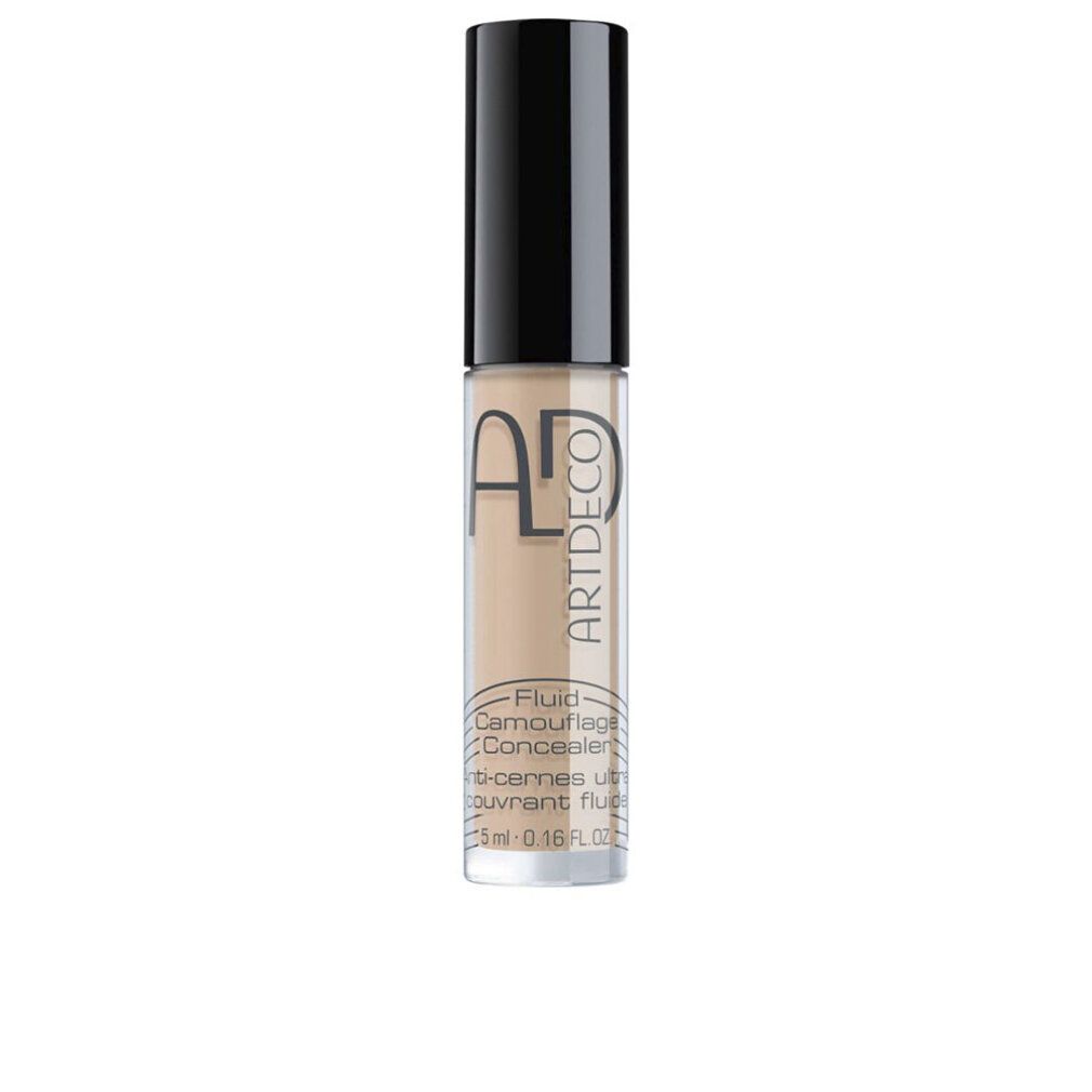 Artdeco Fluid Camouflage Concealer. Beige Flüssig-Concealer in Glasflasche mit schwarzem Deckel. Produktbeschriftung sichtbar.