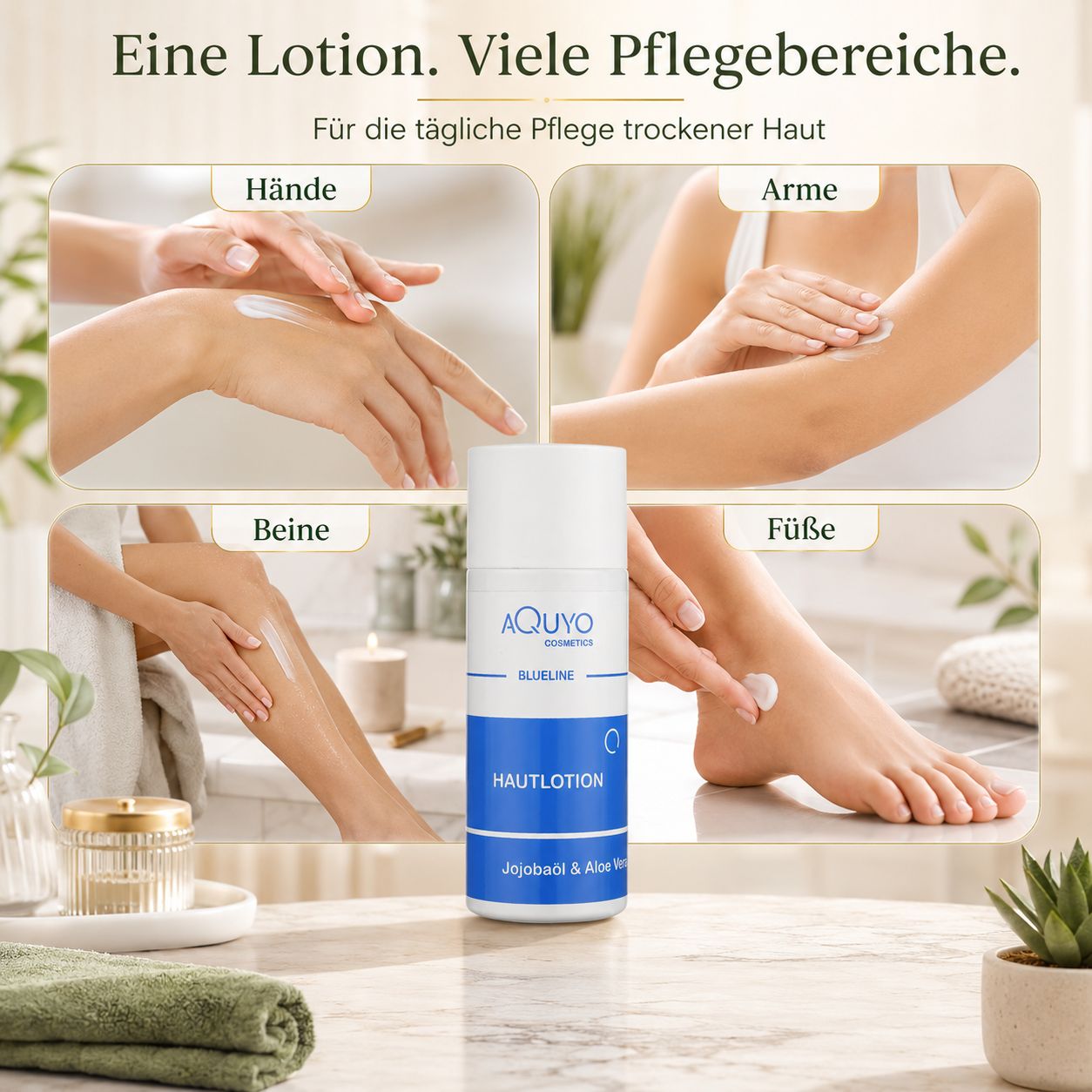 Anwendung der Blueline Hautlotion auf Händen, Armen, Beinen und Füßen.