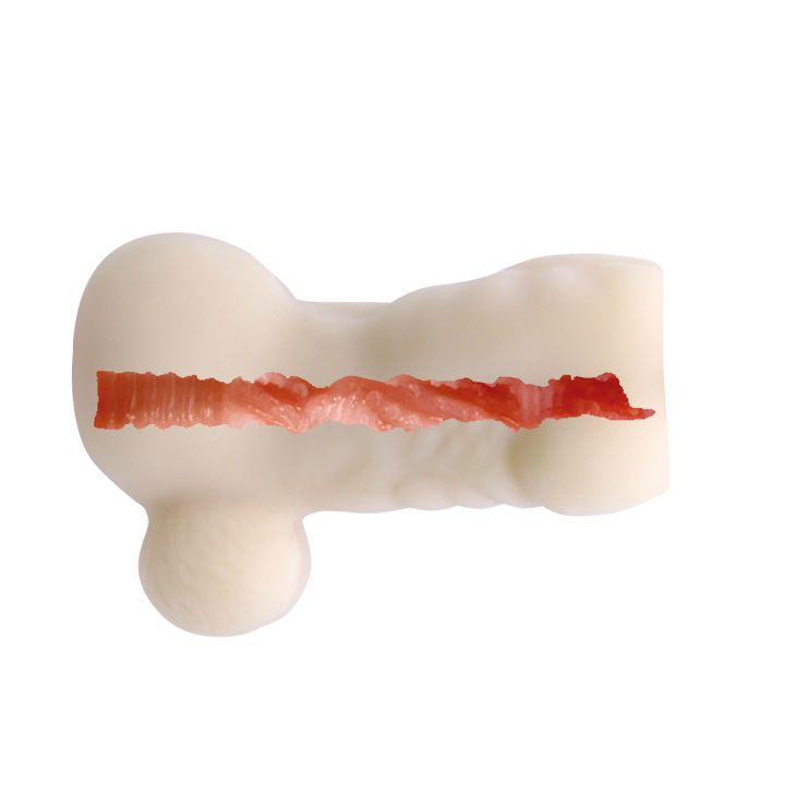 Elfenbeinfarbenes Masturbationsgerät. Roter Einsatz im Inneren sichtbar. Geformt mit Öffnung.