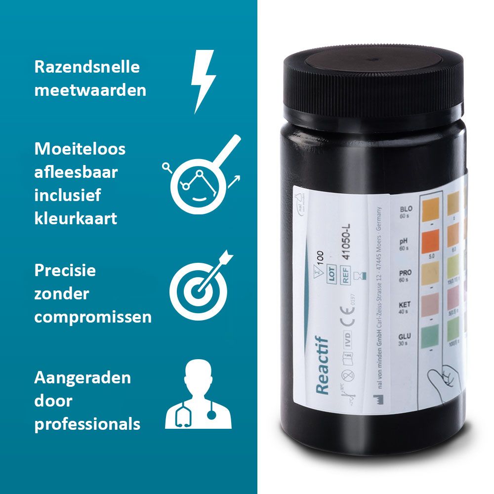 Teststrips en verpakking. Opschrift: Reactif. Urineteststrips voor 5 parameters.