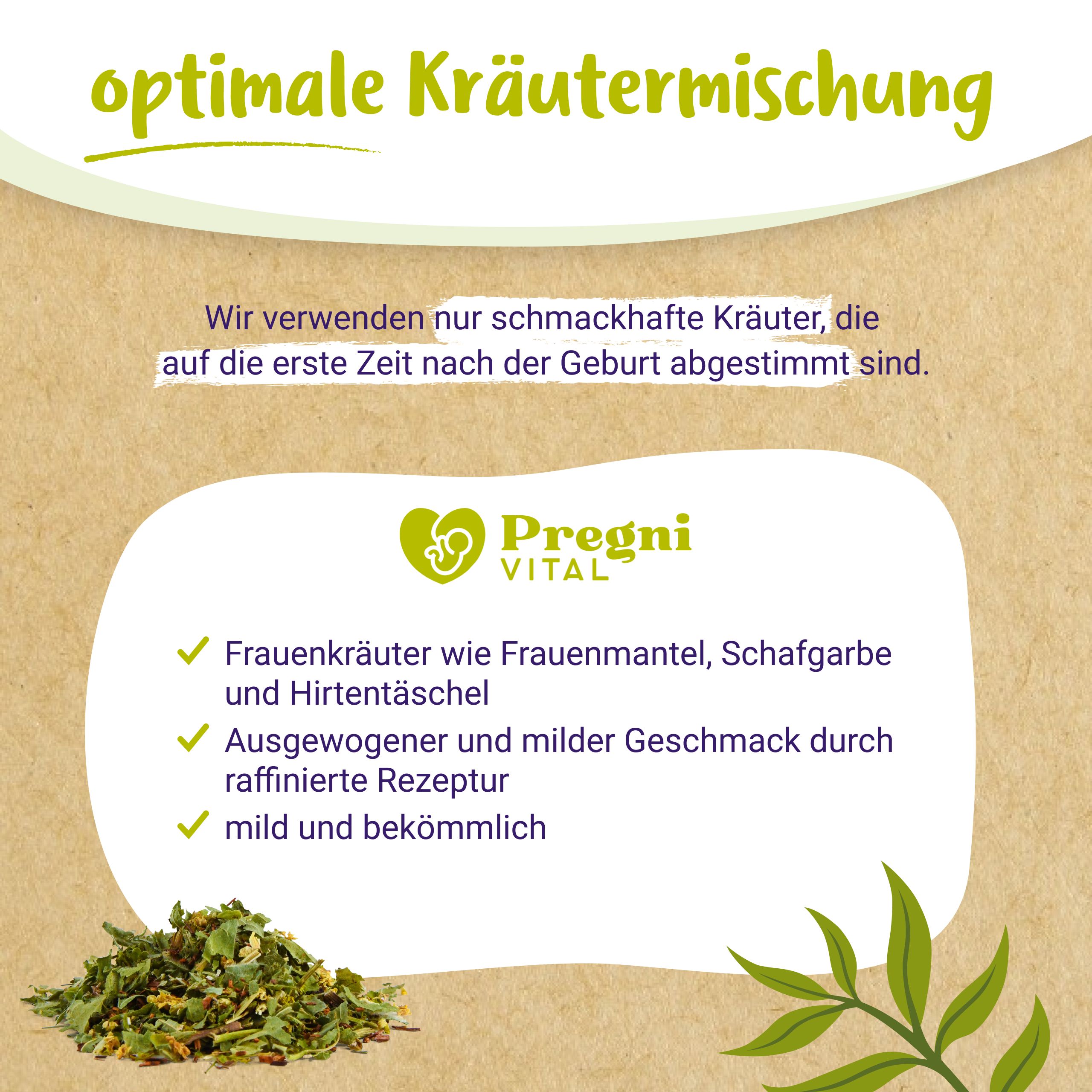 PregniVital Wochenbett BIO Kräutertee: Frauenkräuter, milder Geschmack, mild und bekömmlich.