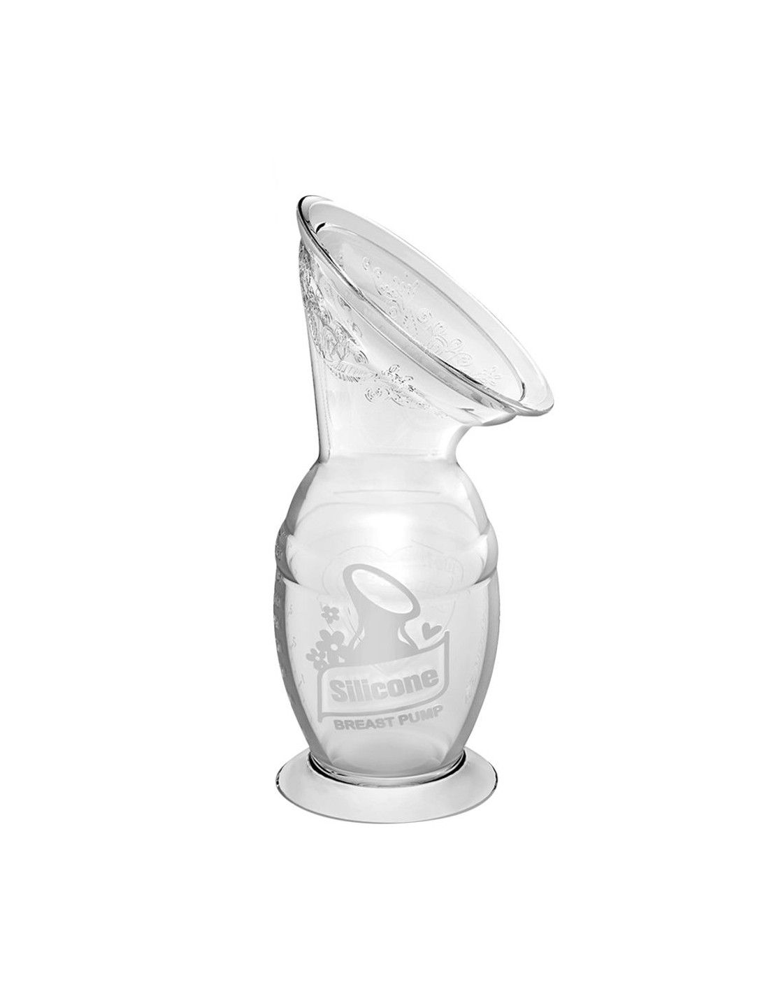 Transparente Milchpumpe mit Saugfuß. Aus Silikon. Mit Logo "Silicone Breast Pump".