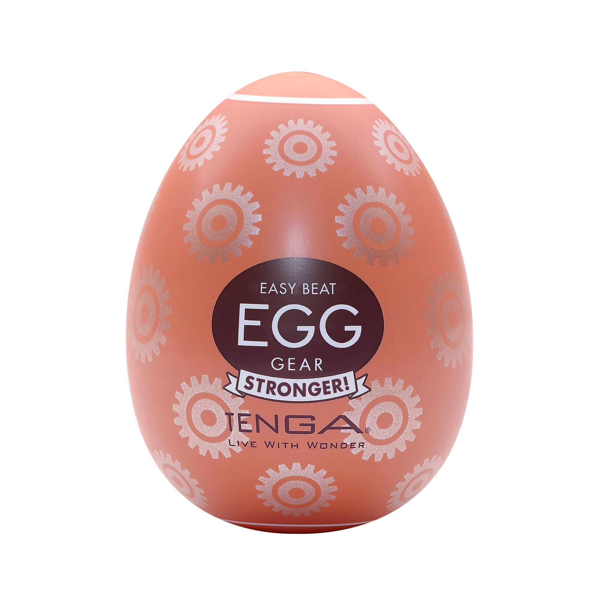 Eiförmiges Produkt in orangefarbener Verpackung. Aufschrift: EASY BEAT EGG GEAR STRONGER! TENGA.
