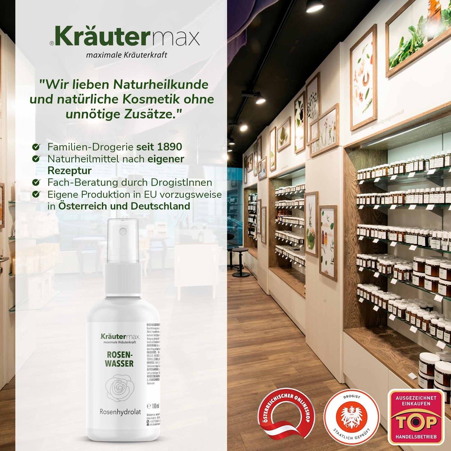 Weiße Sprühflasche mit Rosenwasser-Etikett in einem Geschäft. Kräutermax. Familien-Drogerie seit 1890.