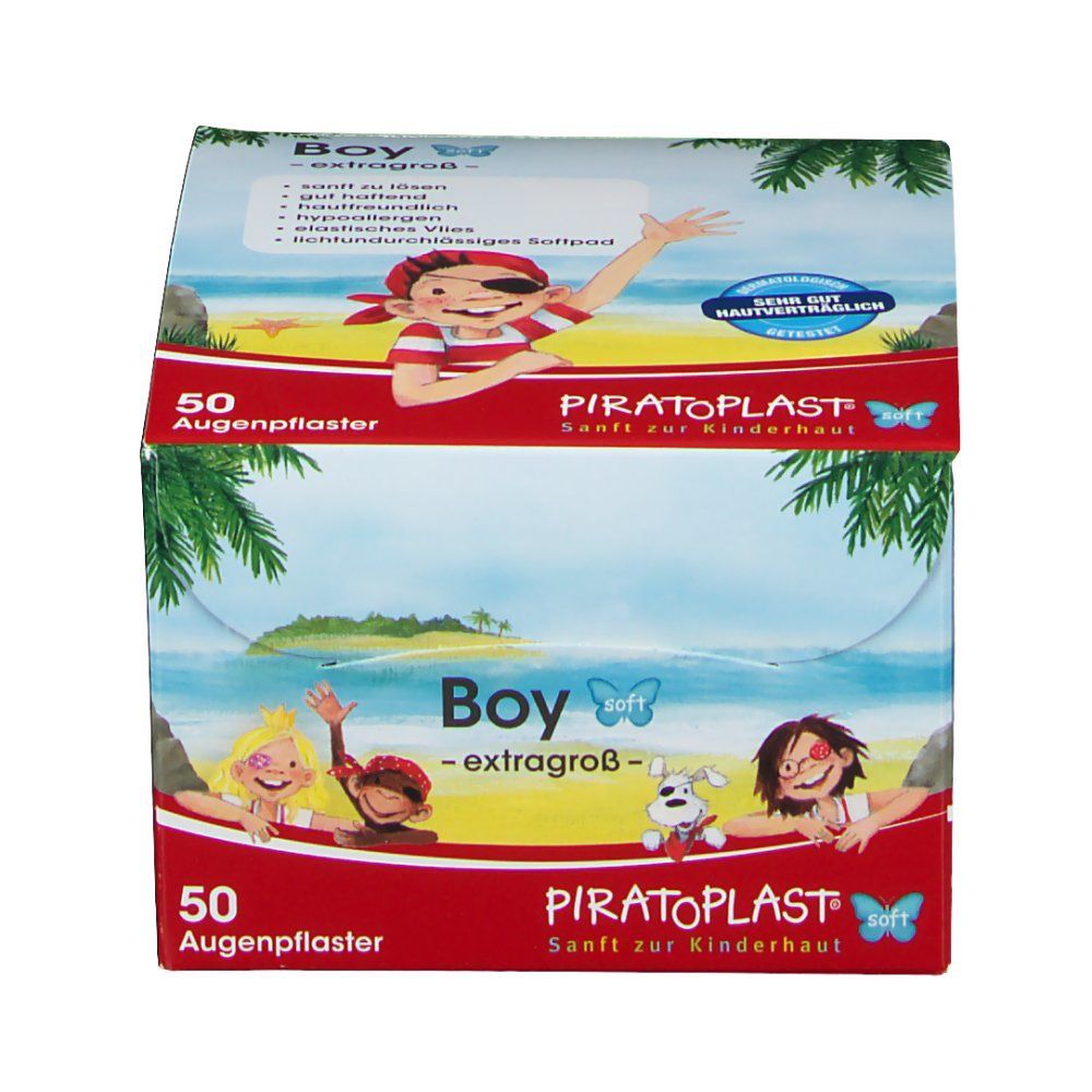 PIRATOPLAST® Boy extragroß-Verpackung. 50 Augenpflaster. Illustration: Kinder am Strand. Logo und Produktname. Text in Deutsch.