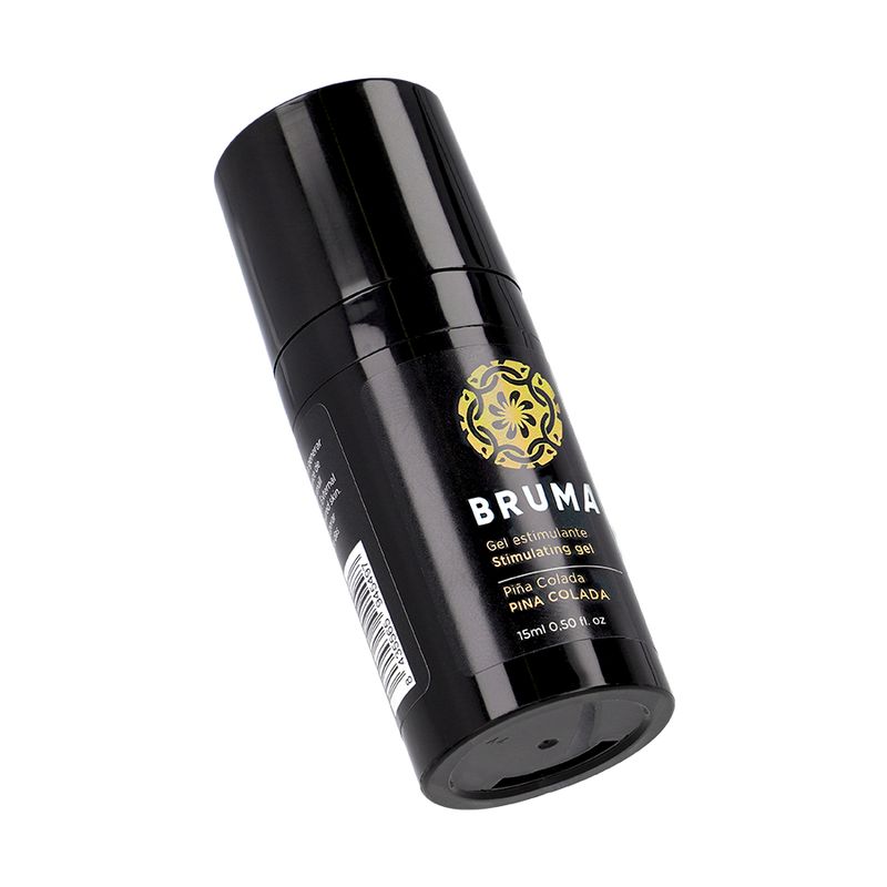 Schwarzer Spender mit Bruma Logo, "Gel stimulierende" und "Piña Colada" Aufschrift. 15ml.