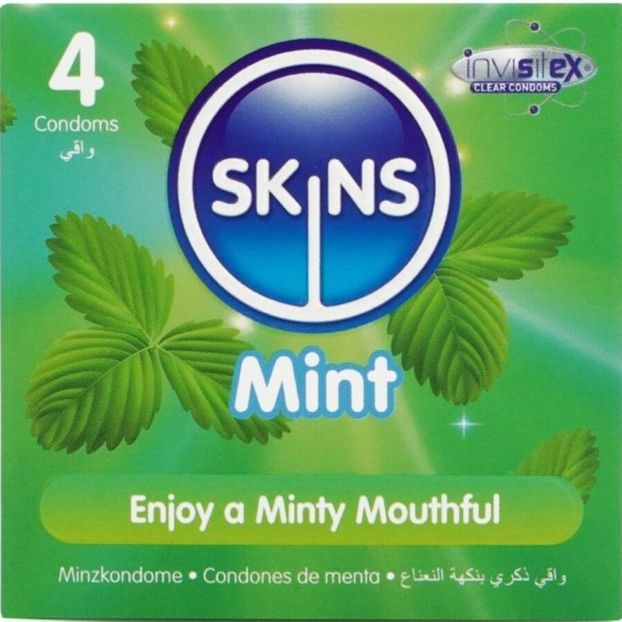 Verpackung mit 4 Kondomen. Aufschrift: SKINS Mint. Grün und blaues Design mit Minzblättern. Text: Enjoy a Minty Mouthful.