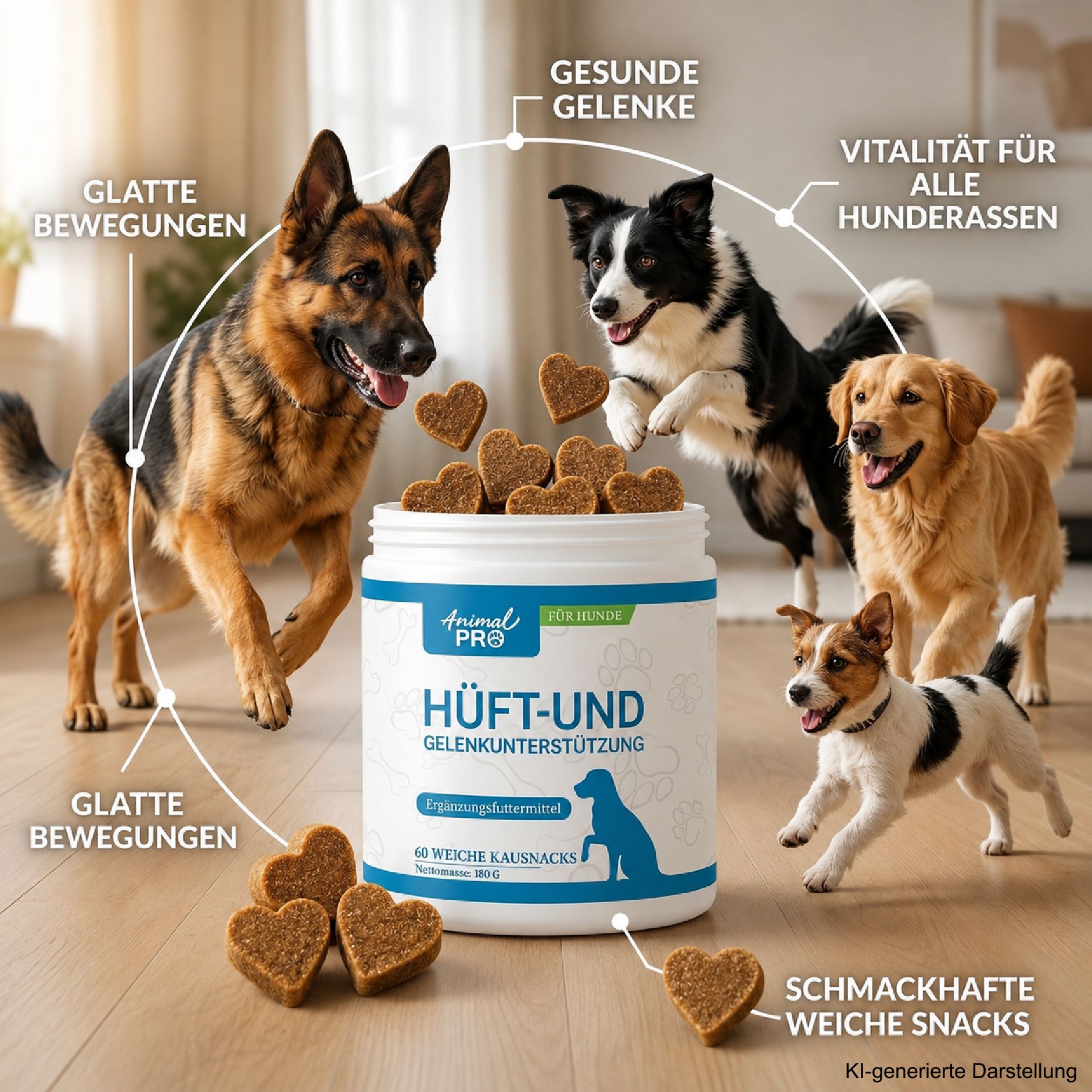 Hunde mit Gelenkunterstützungsprodukt, Herz-Snacks und Texten zu gesunden Gelenken und Vitalität.