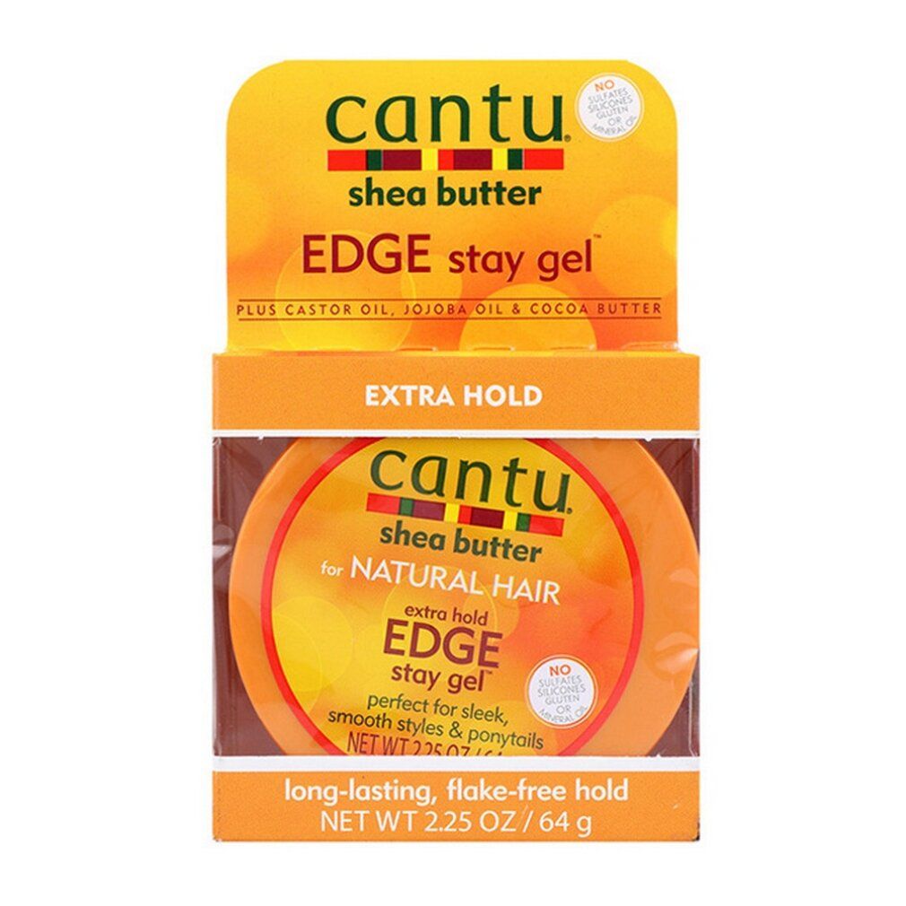 Cantu Shea Butter Edge Stay Gel. Orange Verpackung mit Produktinformationen. Aufschrift: Extra Hold, 2.25 OZ / 64 g.
