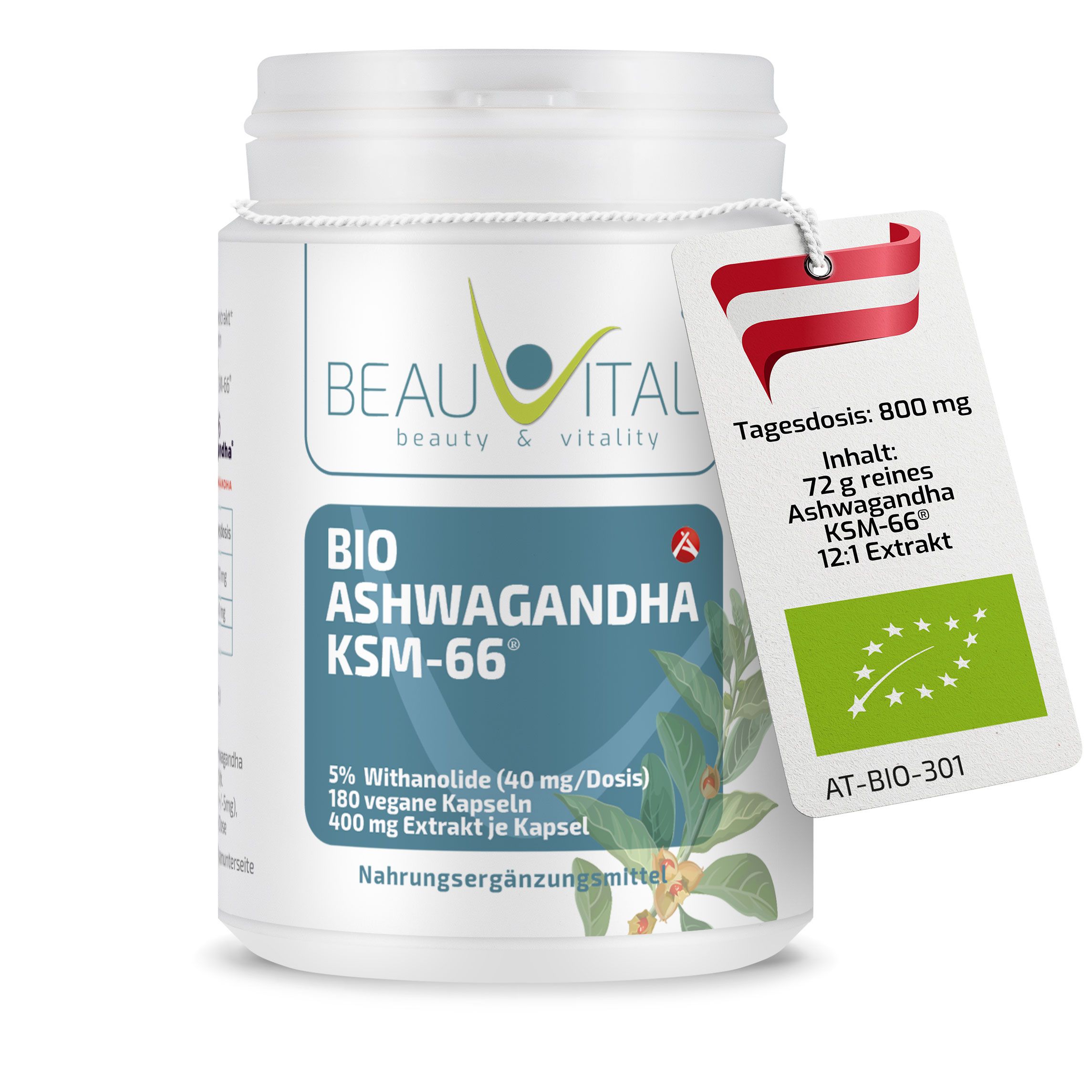 BEAUVITAL® Bio-Ashwagandha KSM-66® hochdosiert 12:1 Premiumextrakt 5% Withanolide