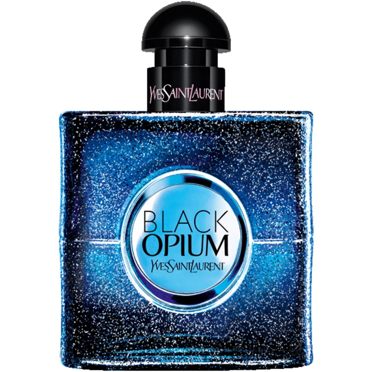 Dunkelblauer Flakon mit schwarzem Verschluss. Aufschrift: Black Opium, Yves Saint Laurent.