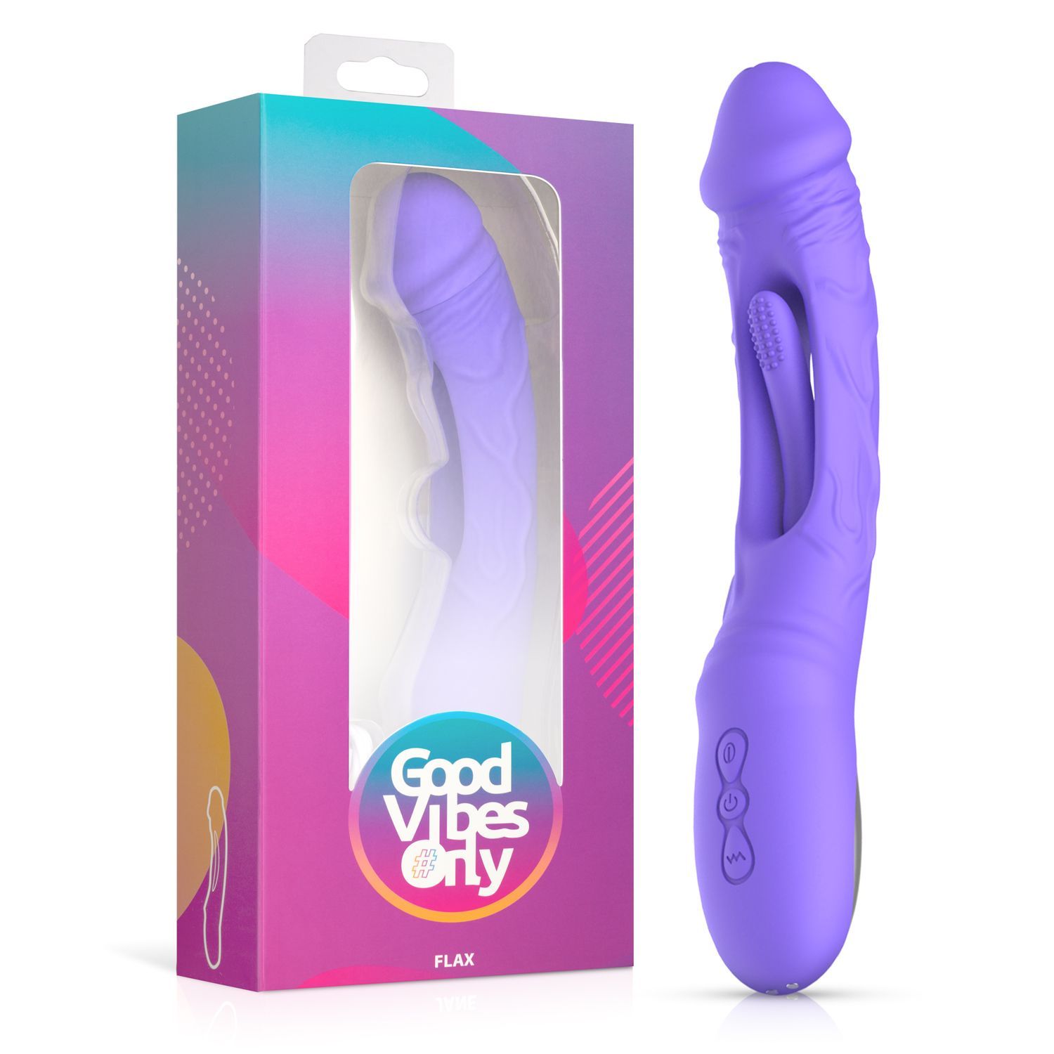Lila Vibrator mit Verpackung. Auf der Verpackung steht "Good Vibes Only - Flax".