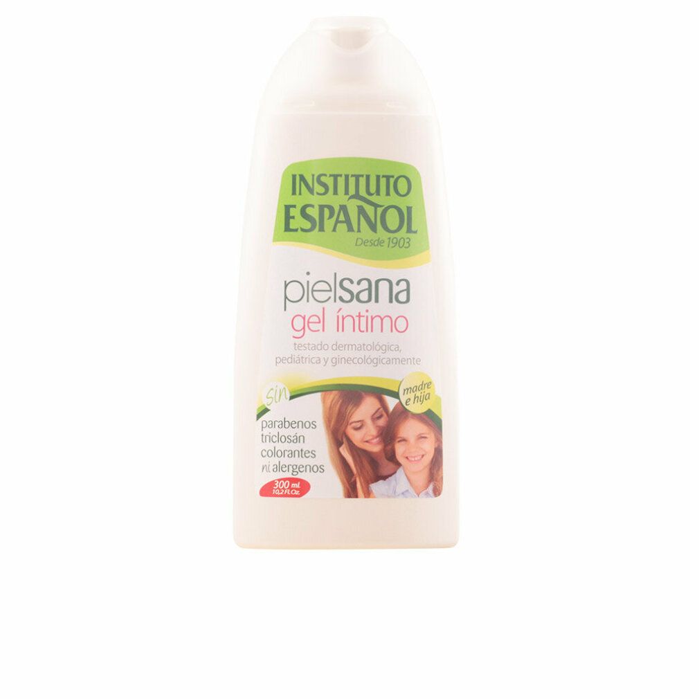 Weißliche Flasche mit grünem Etikett. Aufschrift: Instituto Español, pielsana gel íntimo. Bild von Mutter und Kind. 200 ml.