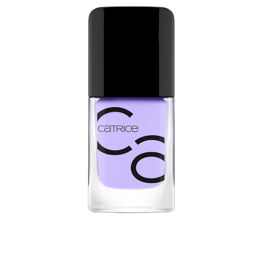 Nagellackflasche mit schwarzem Deckel. Hellvioletter Lack. Aufschrift: Catrice.