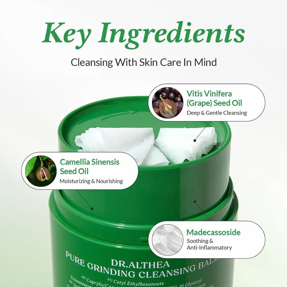 Grüner Behälter mit Reinigungsbalsam. Text: Pure Grinding Cleansing Balm. Inhaltsstoffe: Traubenkernöl, Kameliensamenöl, Madecassosid.