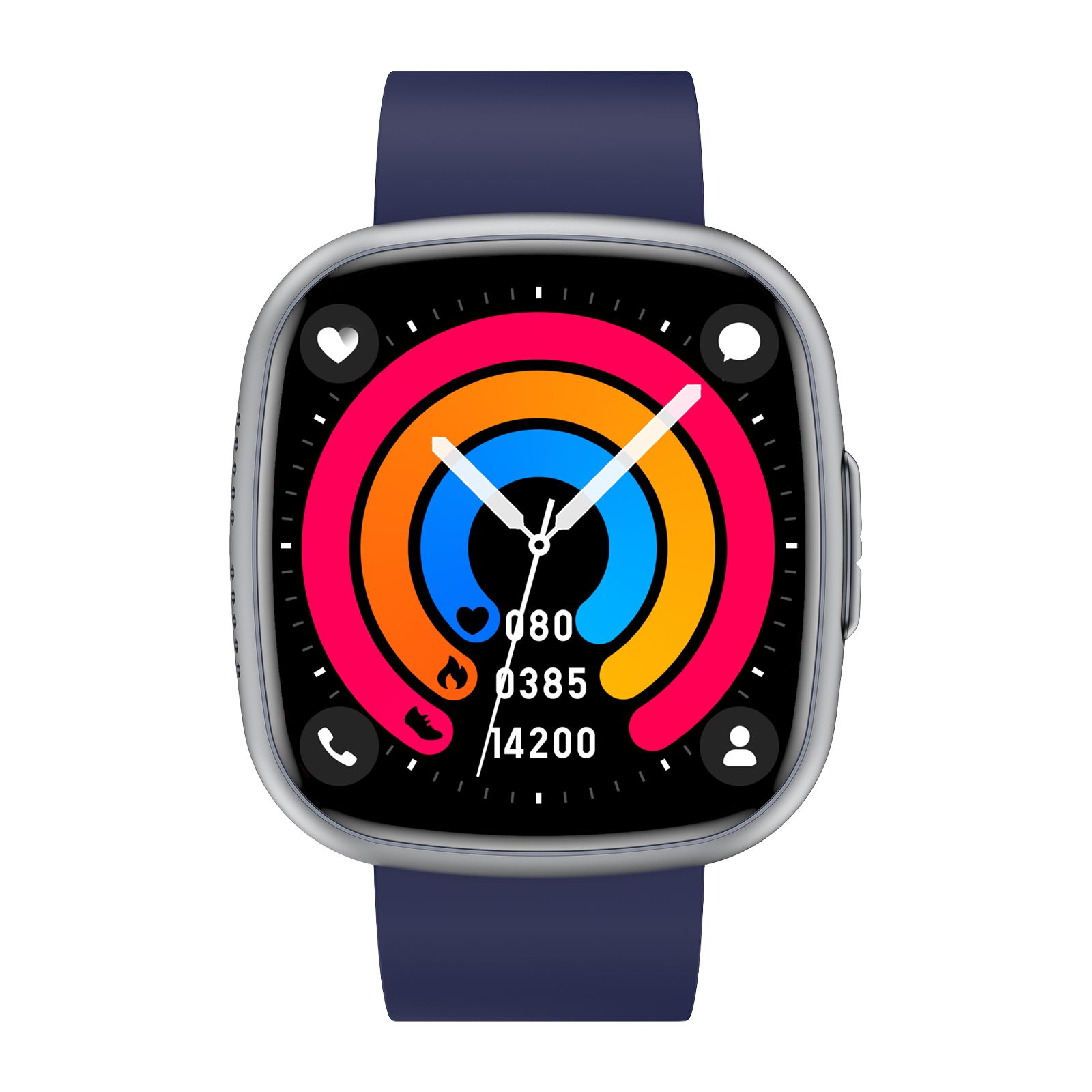 Smartwatch mit blauem Armband. Quadratisches Display mit Gesundheitsdaten. Silberner Rahmen.