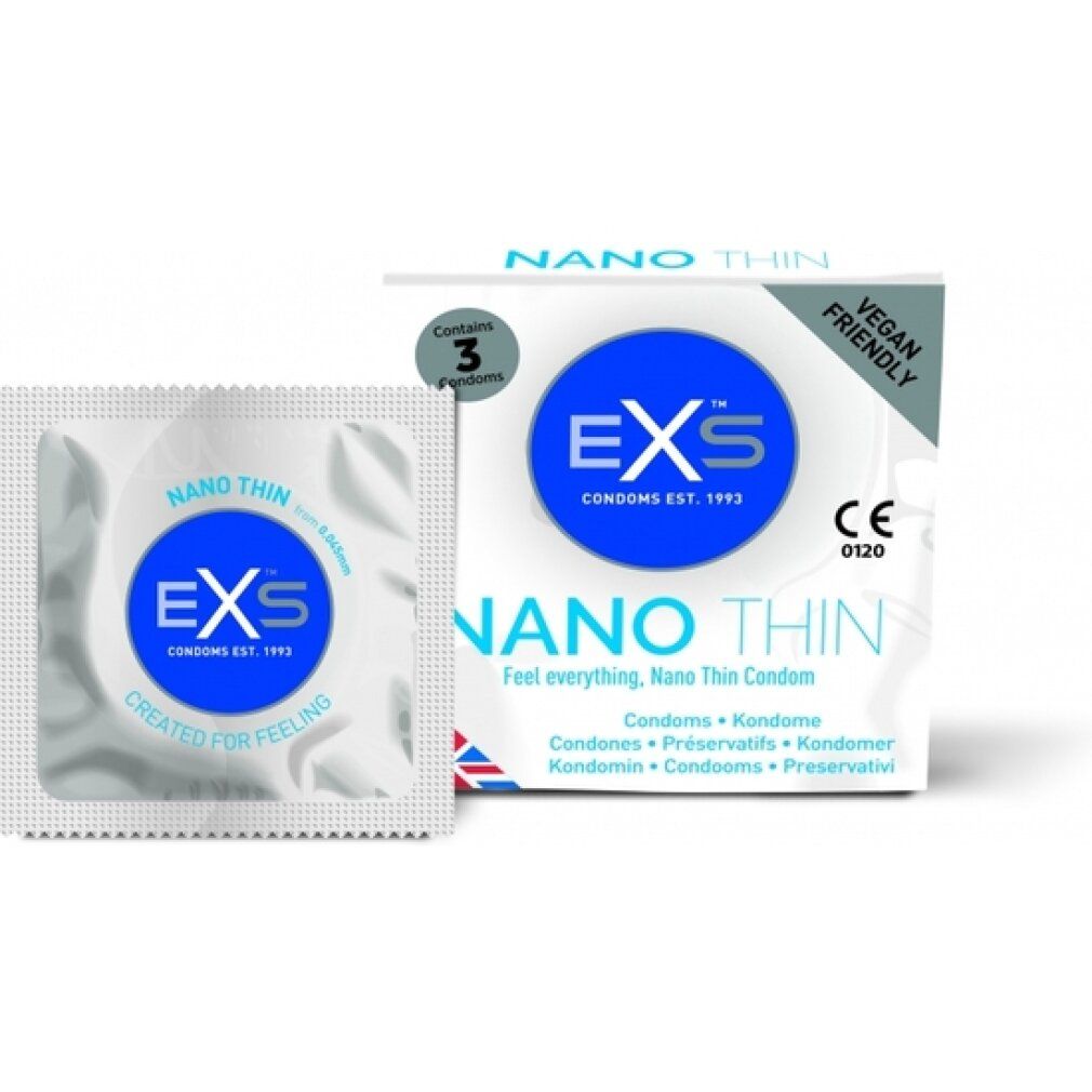 Verpackung von EXS Nano Thin Kondomen und Einzelverpackung. Weiße Schachtel mit blauem Logo. Einzelverpackung mit Logo.