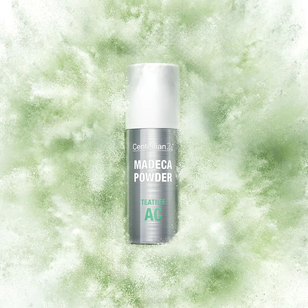 Silberne Flasche mit weißem Verschluss, beschriftet mit 'Centellian 24 MADECAPOWDER TEATREE AG'.