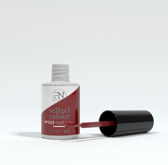 Nagellackflasche mit Pinsel. Flasche weiß mit rotem Bereich. Schwarzer Deckel. Pinsel mit roter Farbe.