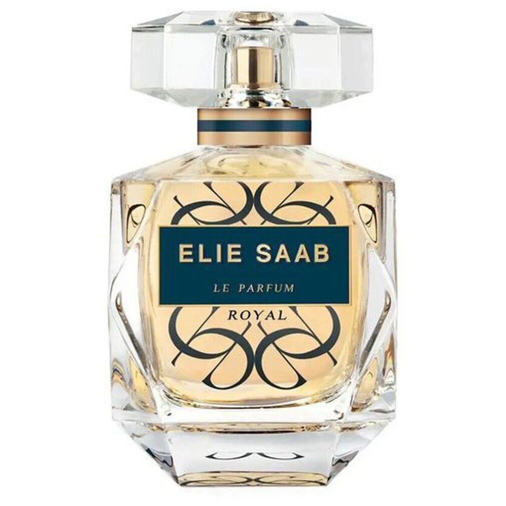 Elie Saab Le Parfum Royal Eau de Parfum Flakon mit goldenem Etikett und Verzierungen, facettierter Verschluss.