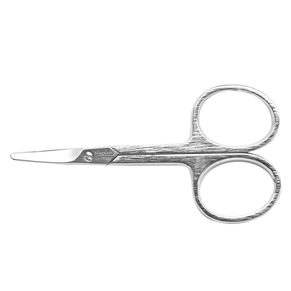 Kleine, silberfarbene Babyschere. Metall, mit abgerundeten Griffen und spitzer Spitze. Marke Niegeloh Solingen.