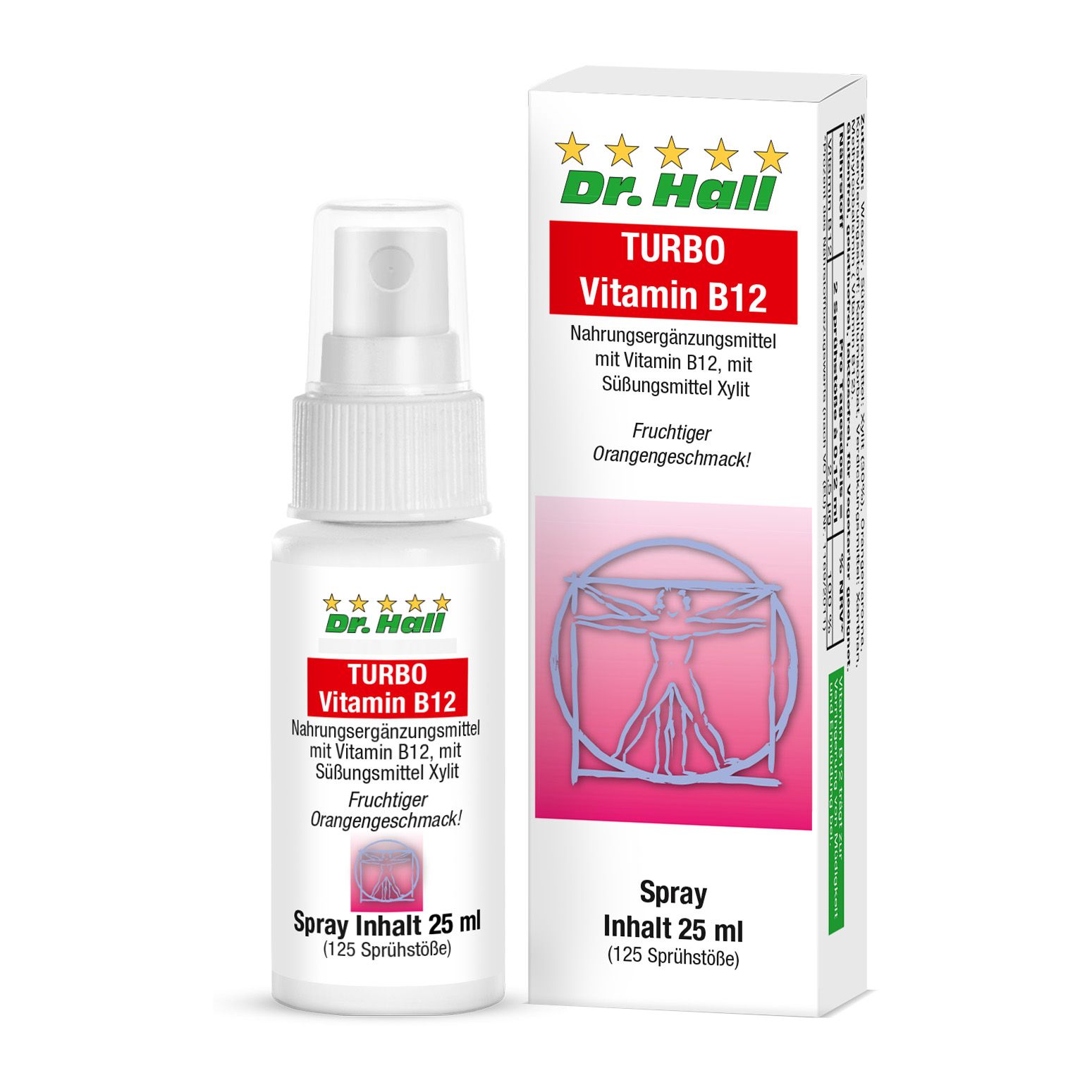 Vitamin B12 Spray und Verpackung. Weißes Spray mit roter Schrift. Aufschrift: Turbo Vitamin B12. Mit Orangengeschmack.
