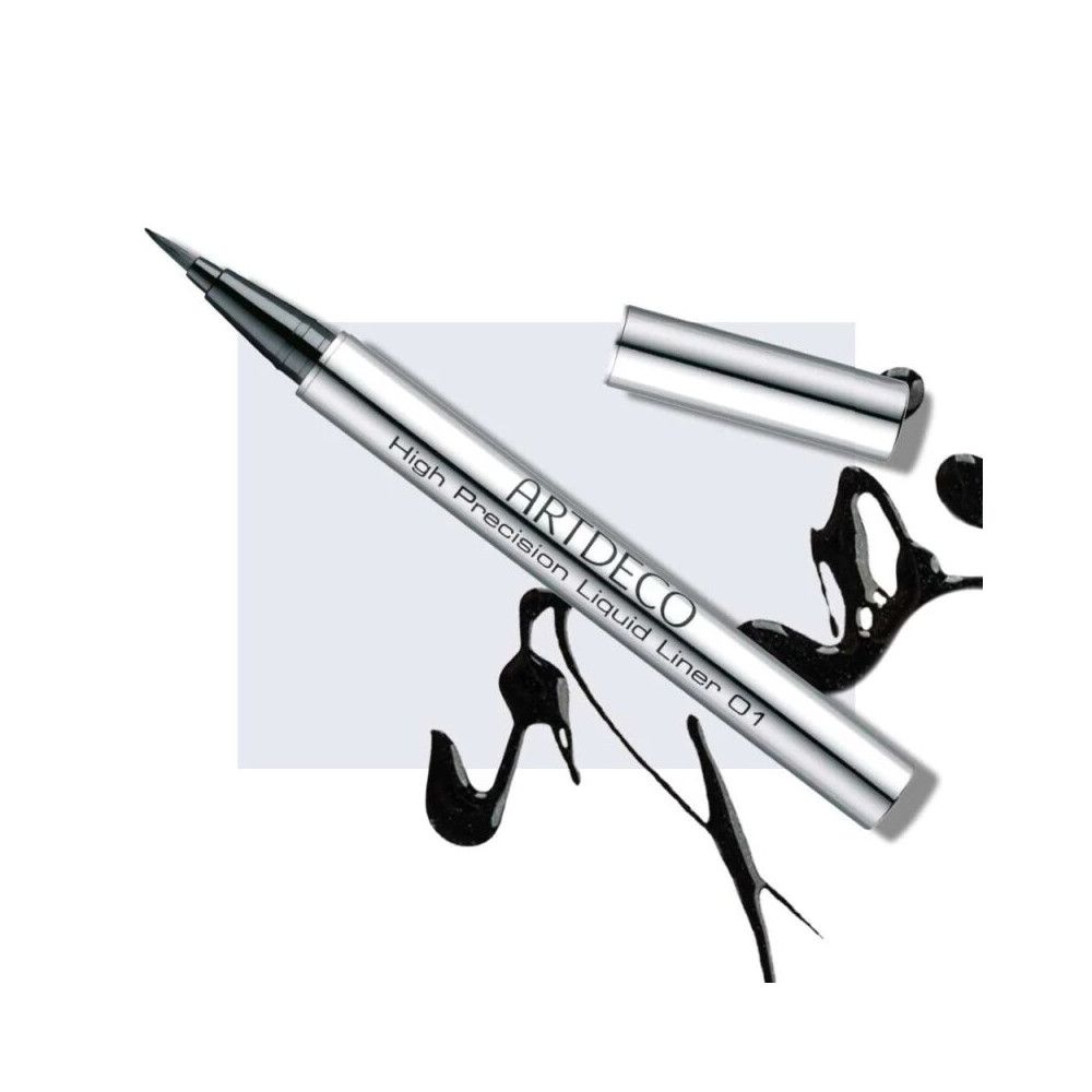 Silberfarbener Eyeliner-Stift mit schwarzer Spitze und schwarzem Eyeliner-Klecks. Aufschrift: ARTDECO High Precision Liquid Liner 01.