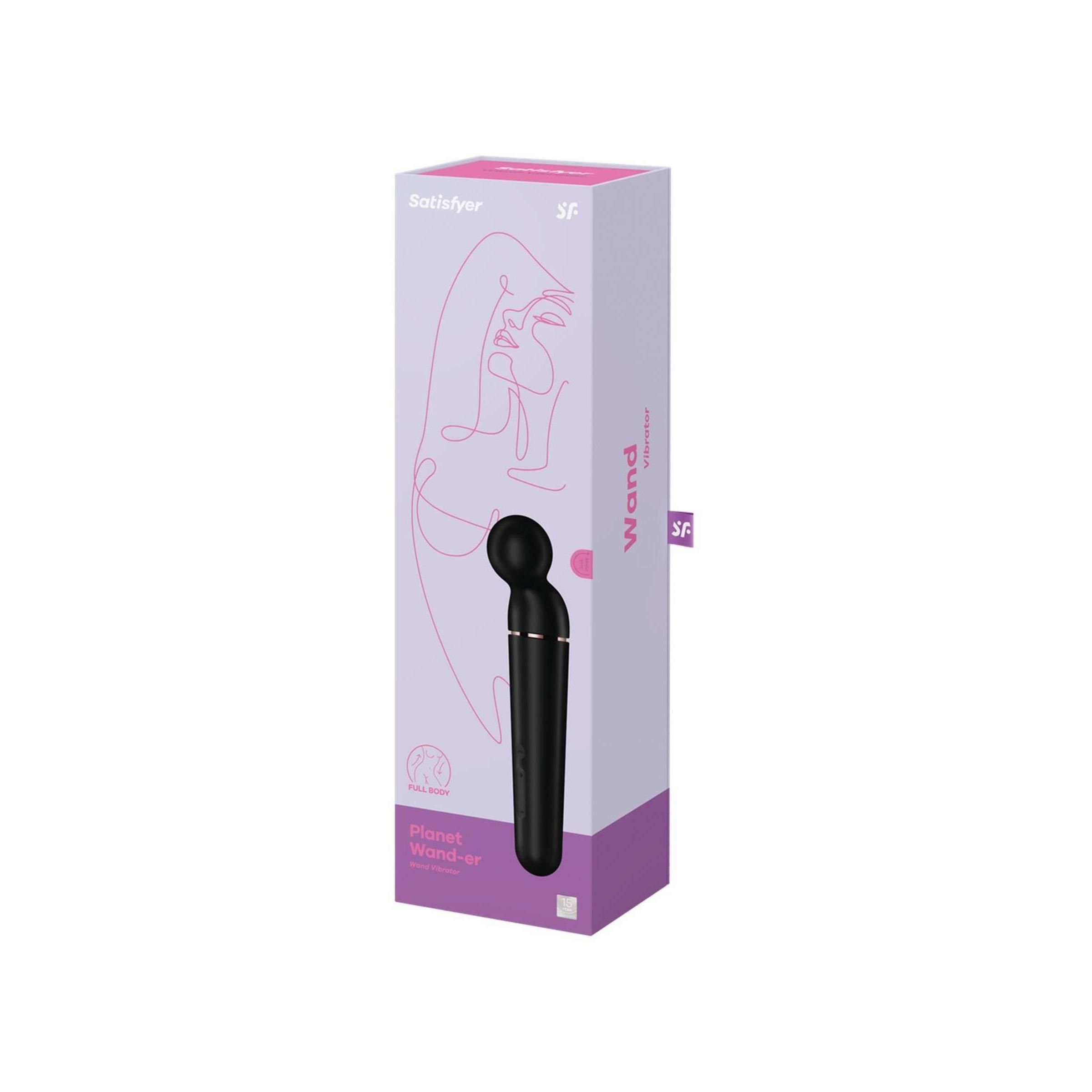 Verpackung mit Wellness-Produkt. Aufdruck: Produktabbildung, Schriftzug "Satisfyer", "Wand", "Planet Wand-er".