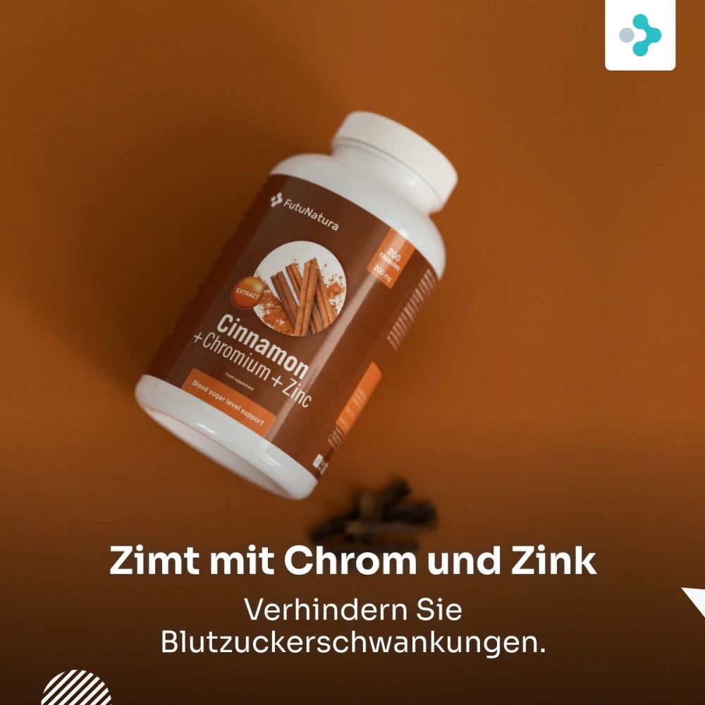 Flasche Zimt mit Chrom und Zink auf orangefarbenem Hintergrund.