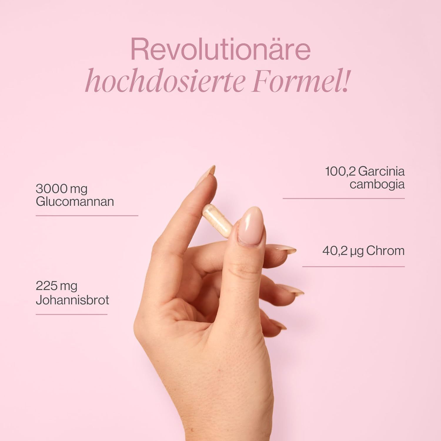 Hand hält Kapsel. Aufschrift: 3000 mg Glucomannan, 225 mg Johannisbrot, 100,2 mg Garcinia Cambogia, 40,2 µg Chrom. Rosa Hintergrund.
