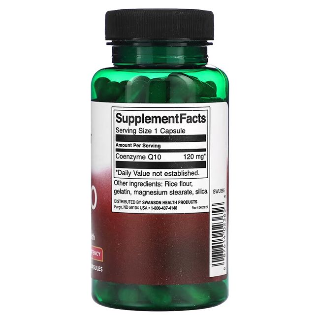 Grüne Flasche mit schwarzen Deckel. Rückseite mit "Supplement Facts" und "Coenzyme Q10 120 mg".